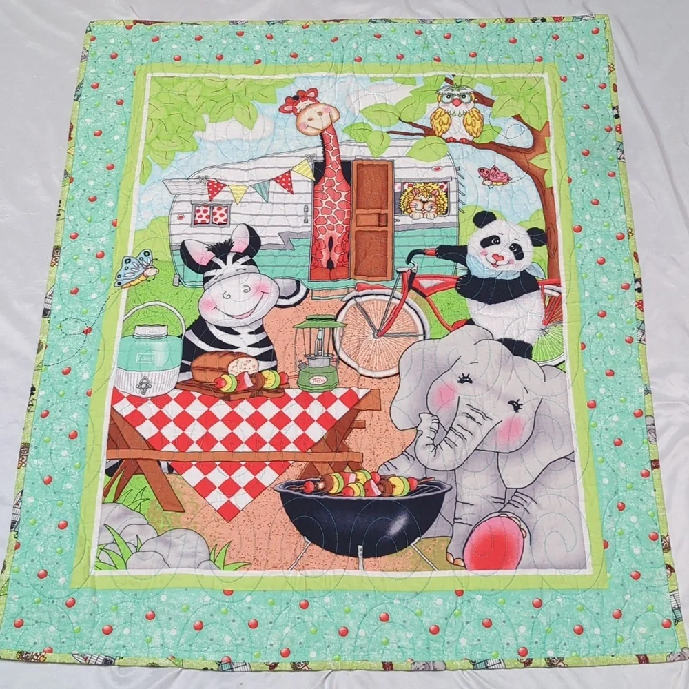 Adorable Zoo Animals Going Camping Handmade Baby Quilt Panda Elephant Zebra